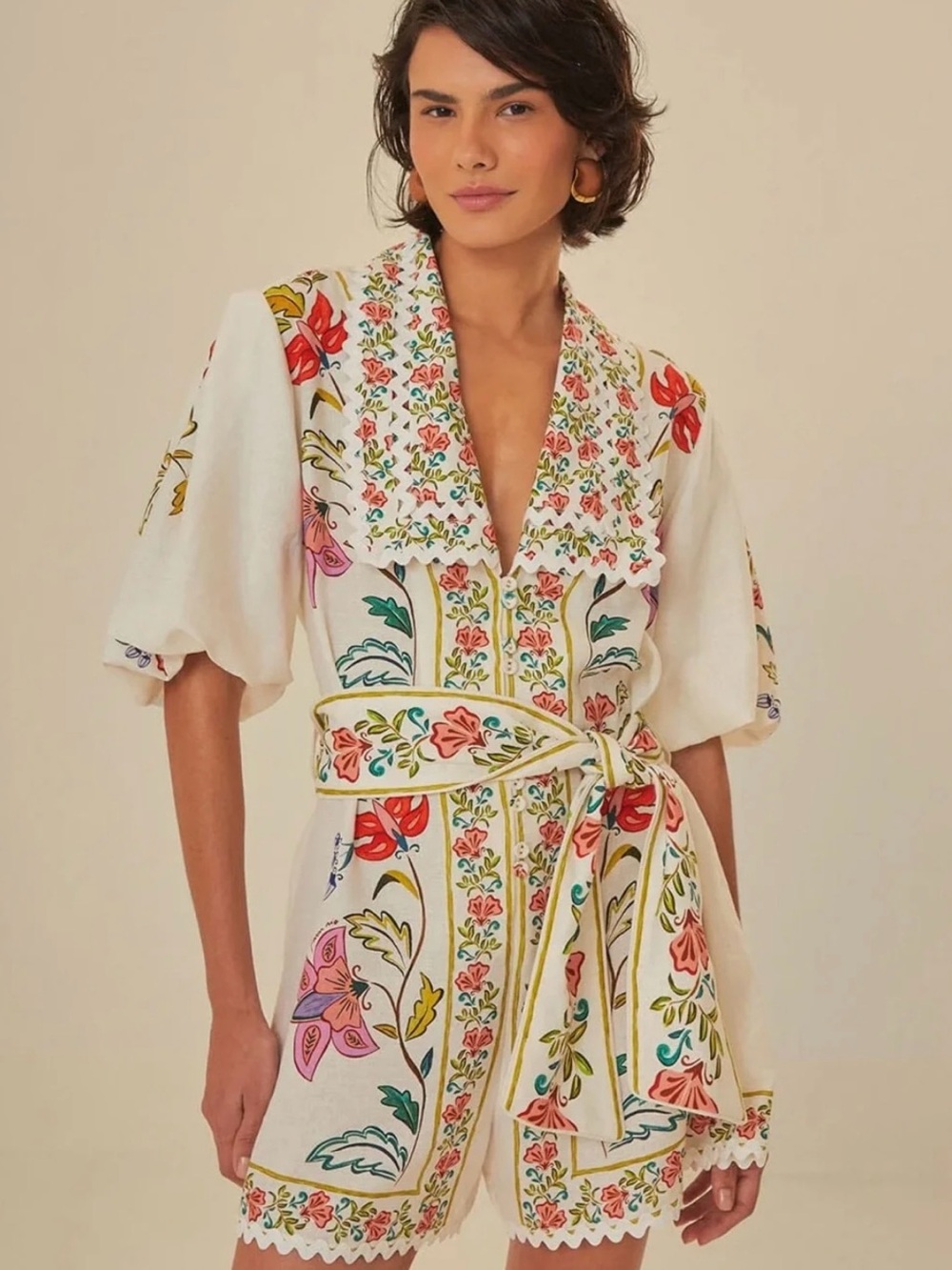 FARM Rio White Floral Insects Tie-Waist Romper